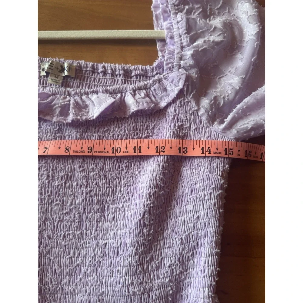 She +Sky Lavender Mini Dress Sz Small Smocked Waist Puff Sleeves *rip on ruffle